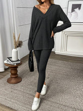 2pcs/Set Women Solid Color V-Neck Long Sleeve Top And Pants Set